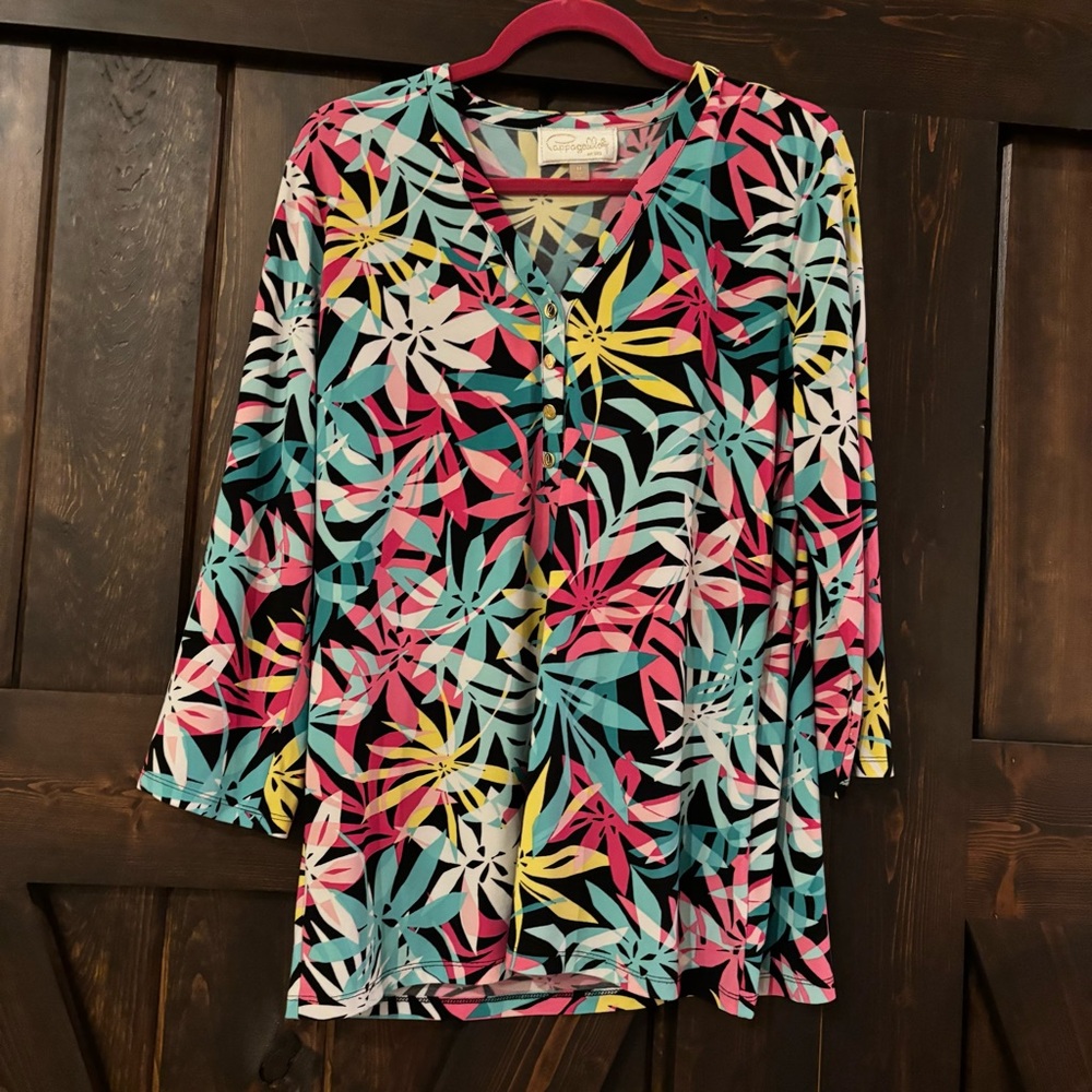 Pappagallo Multicolor Pink Teal Yellow Floral Leaf Print Blouse Medium